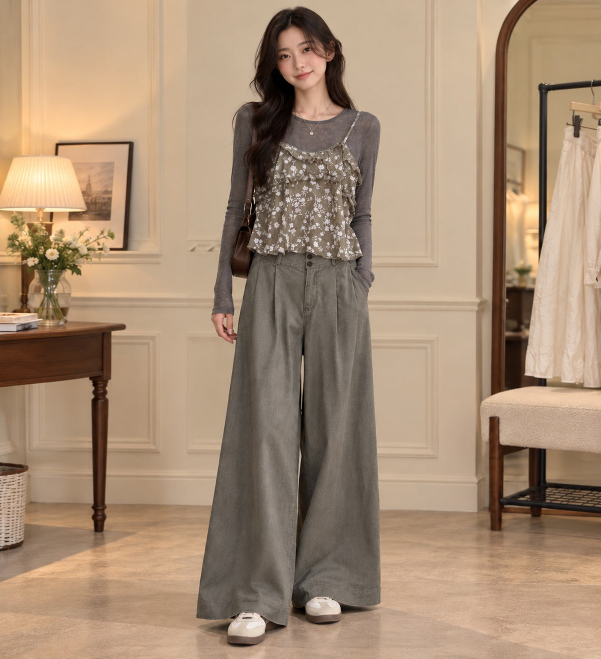 Grey floral layered three-piece set - styled model view