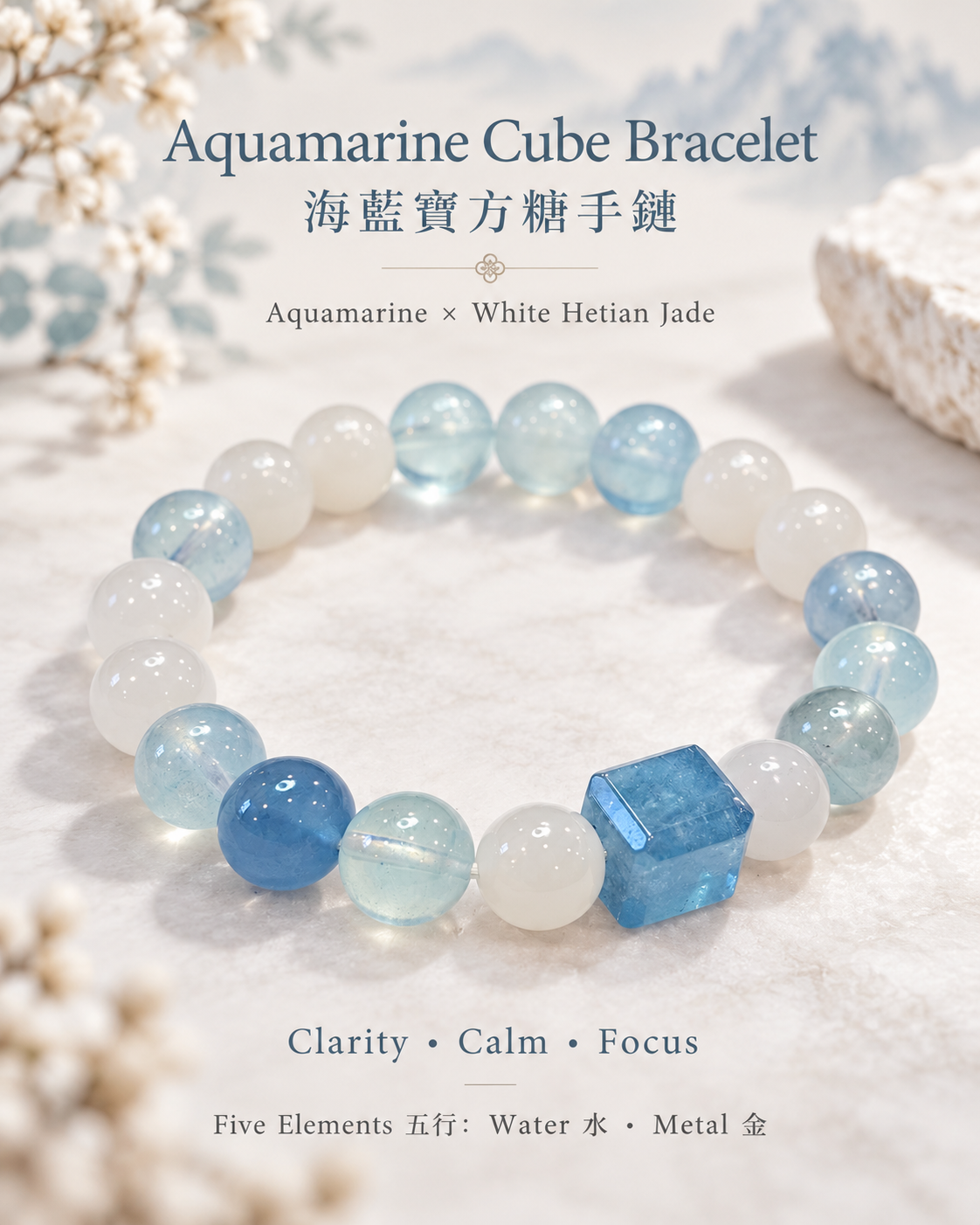 Aquamarine Cube White Hetian Jade Bracelet concept | 海藍寶方糖白玉和田玉手鏈形象圖