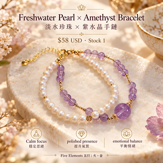 Freshwater Pearl × Amethyst Bracelet worn | 淡水珍珠 × 紫水晶手鏈上手圖