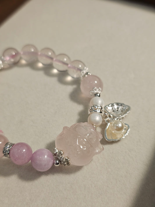 Rose Quartz Lucky Cat × Kunzite × Freshwater Pearl Bracelet 8.5mm