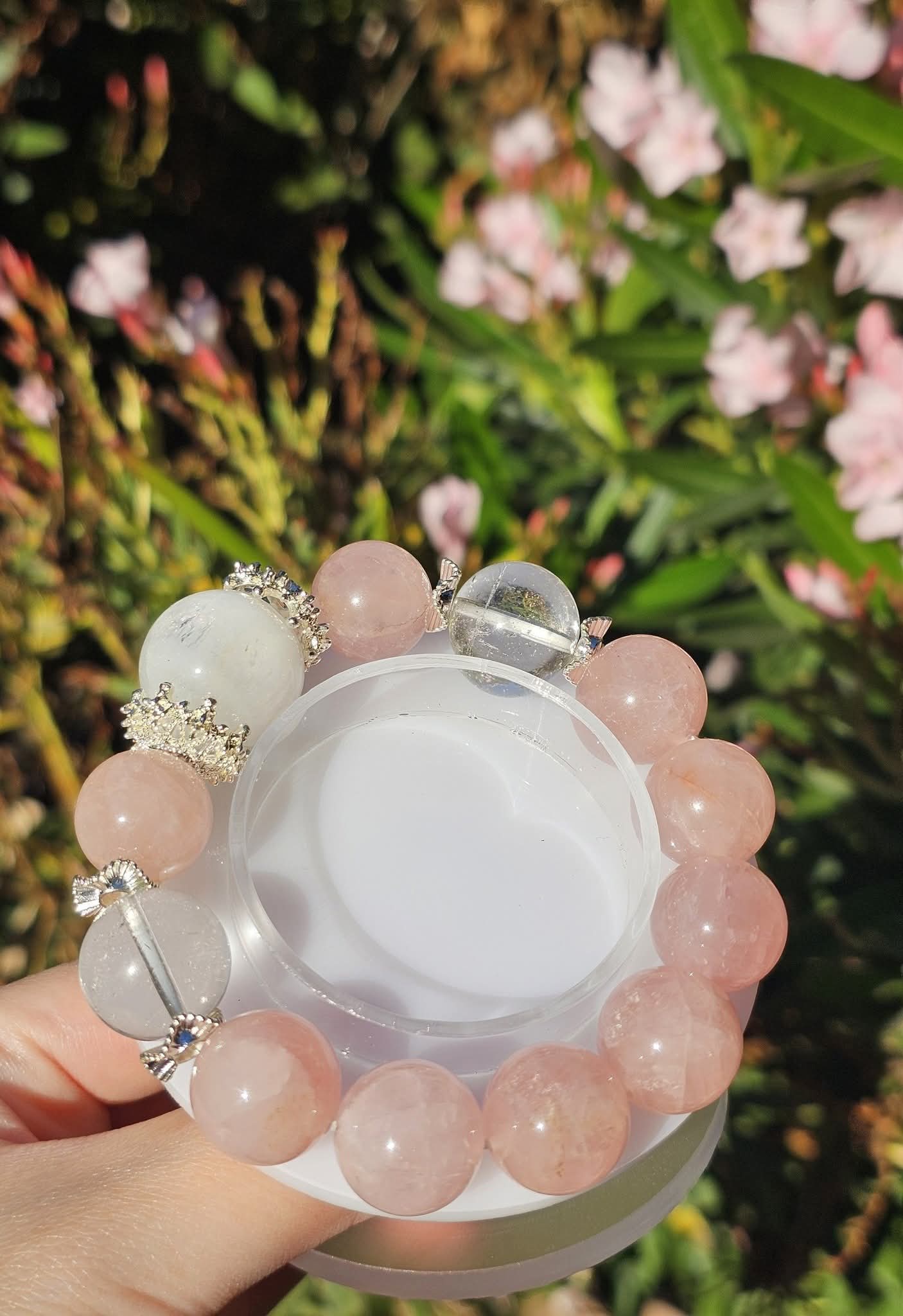 Pink Agate × Clear Quartz × White Agate Bracelet 15.8mm