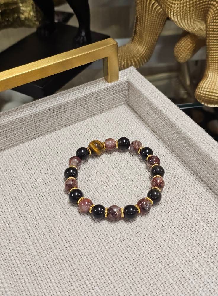 Red Agate × Obsidian × Tiger’s Eye Bracelet 10mm