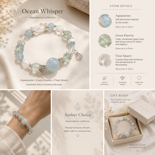 Aquamarine, Green Fluorite & Clear Quartz Bracelet | 10mm Handmade Natural Gemstone Bracelet | Ocean Inspired Crystal Jewelry