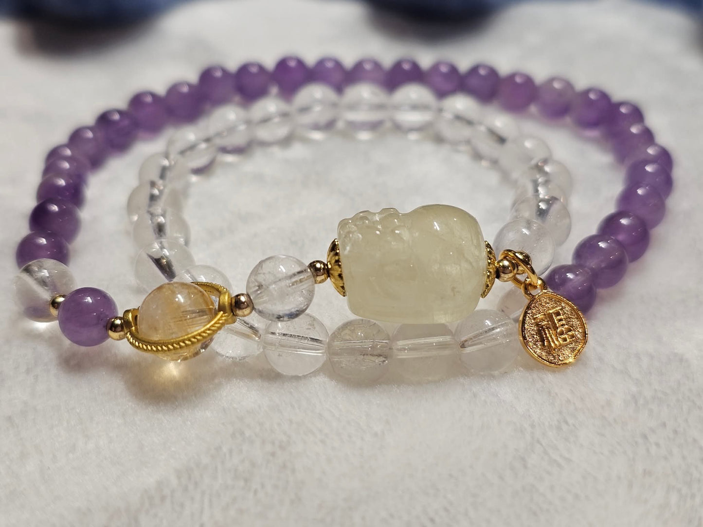 Golden Tower Quartz × Amethyst · Double-Layer Bracelet 6mm