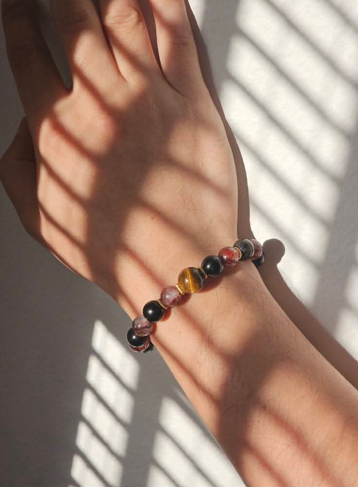 Red Agate × Obsidian × Tiger’s Eye Bracelet 10mm