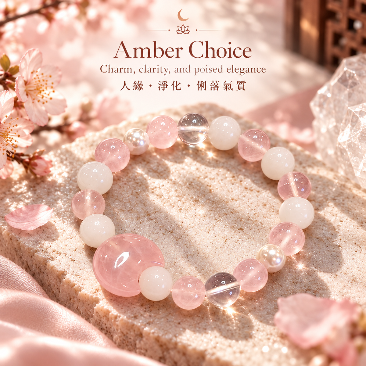 Rose Quartz Moon × Shell Pearl × Clear Quartz Bracelet concept | 氛圍圖