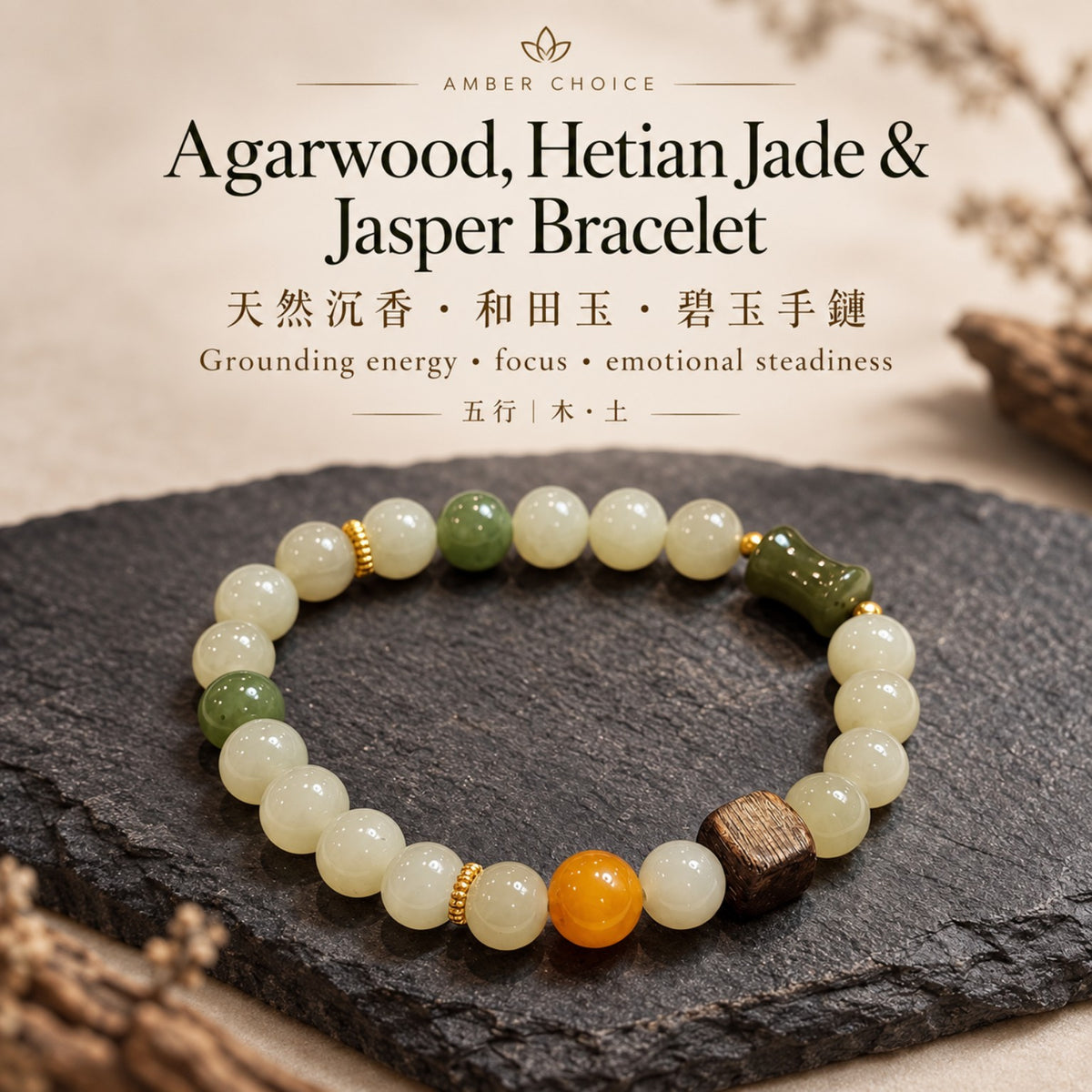 Agarwood, Hetian Jade, Jasper & Beeswax Bracelet | 天然沉香 和田玉 碧玉 蜜蠟手鏈