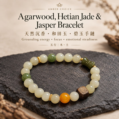 Agarwood, Hetian Jade, Jasper & Beeswax Bracelet | 天然沉香 和田玉 碧玉 蜜蠟手鏈