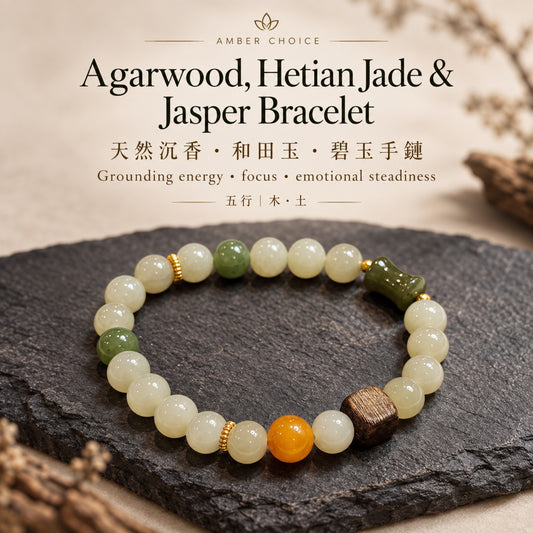 Agarwood, Hetian Jade, Jasper & Beeswax Bracelet | 天然沉香 和田玉 碧玉 蜜蠟手鏈