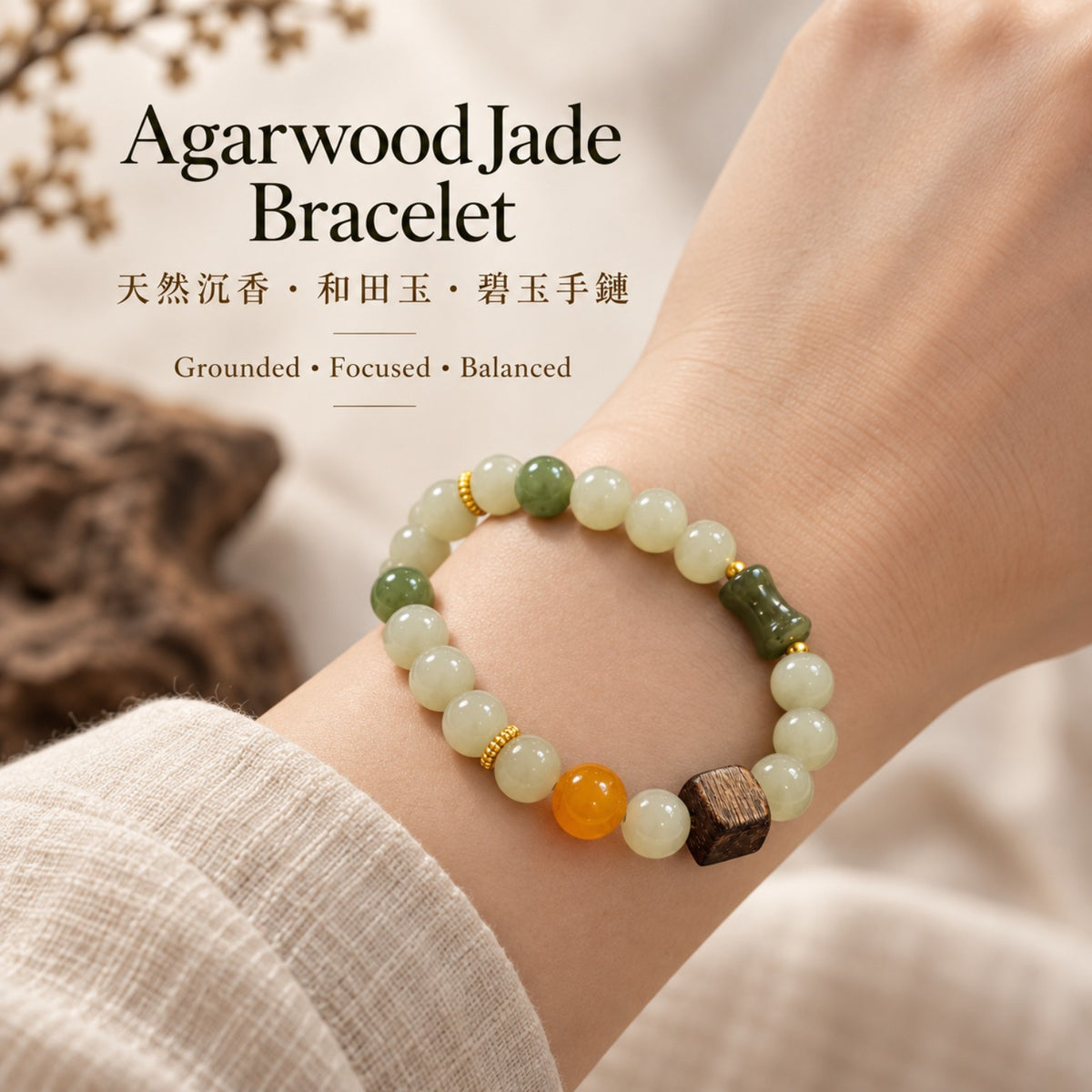Agarwood Hetian Jade Jasper Beeswax Bracelet worn | 天然沉香和田玉碧玉蜜蠟手鏈上手效果