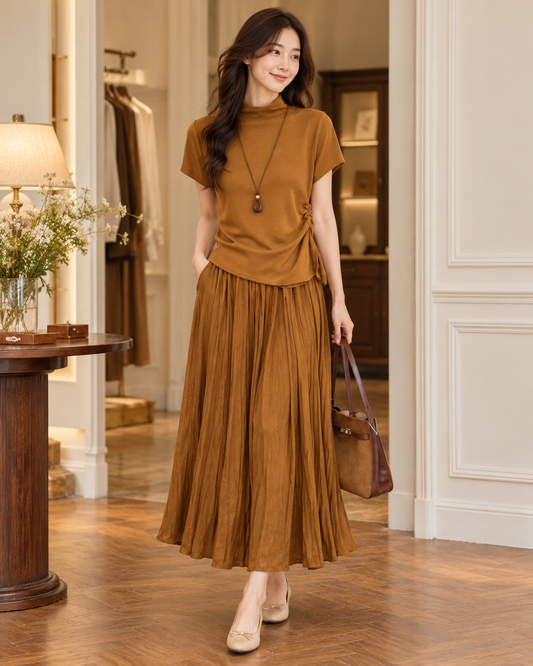 Caramel knit top and flowing skirt set - model styling