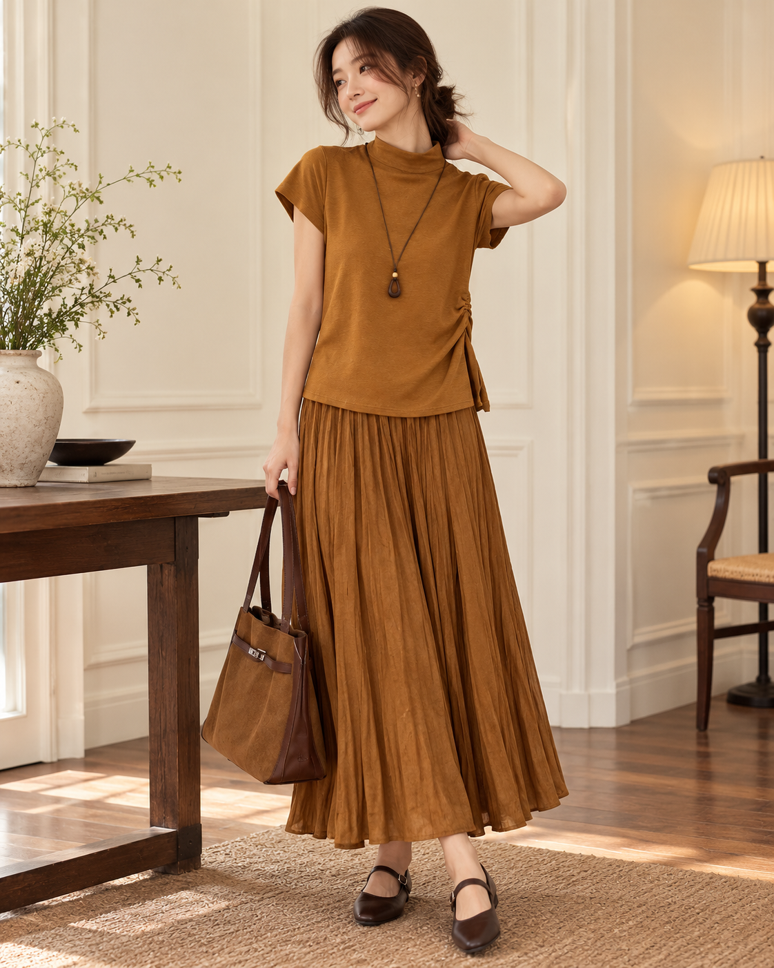 Caramel knit top and flowing skirt set - alternate model styling