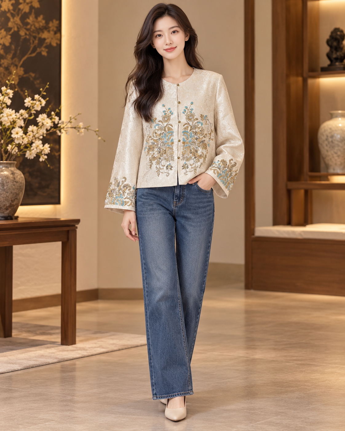 Ivory Chinese-style embellished jacket styled with jeans