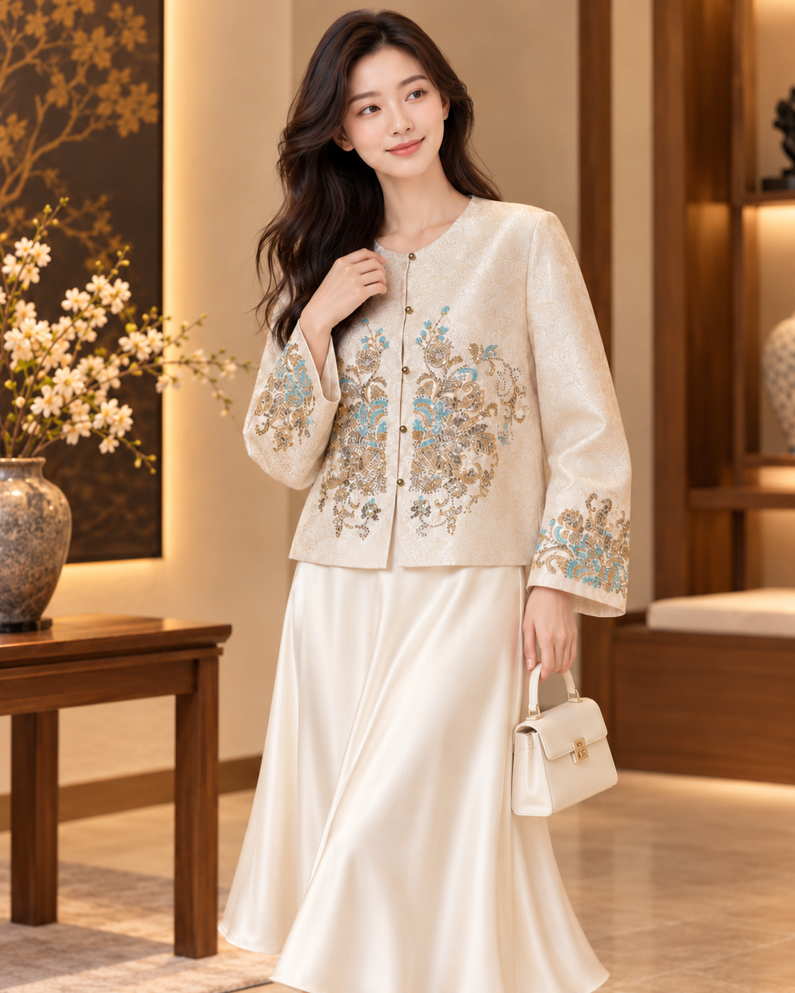 Ivory Chinese-style embellished jacket styled with a long skirt