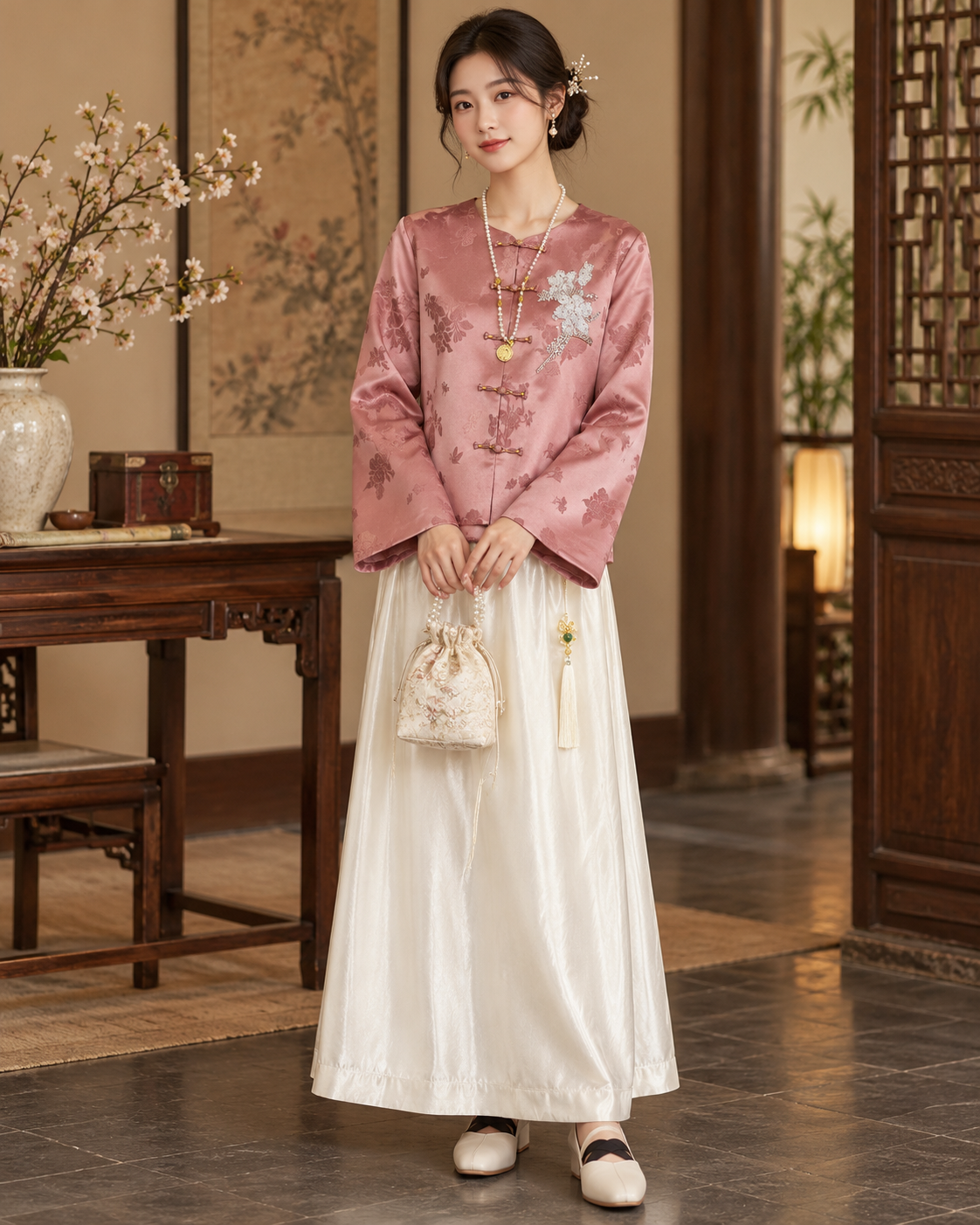Rose pink Chinese-style jacquard jacket - styled model view