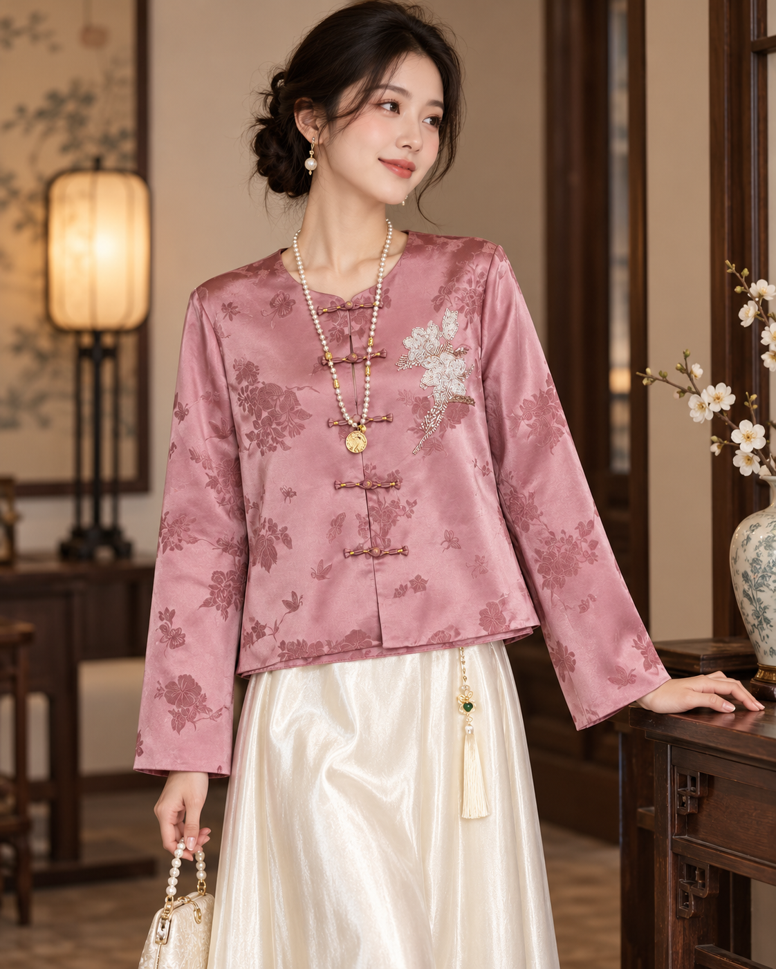 Rose pink Chinese-style jacquard jacket - styled model view