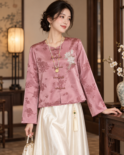 Rose pink Chinese-style jacquard jacket - styled model view