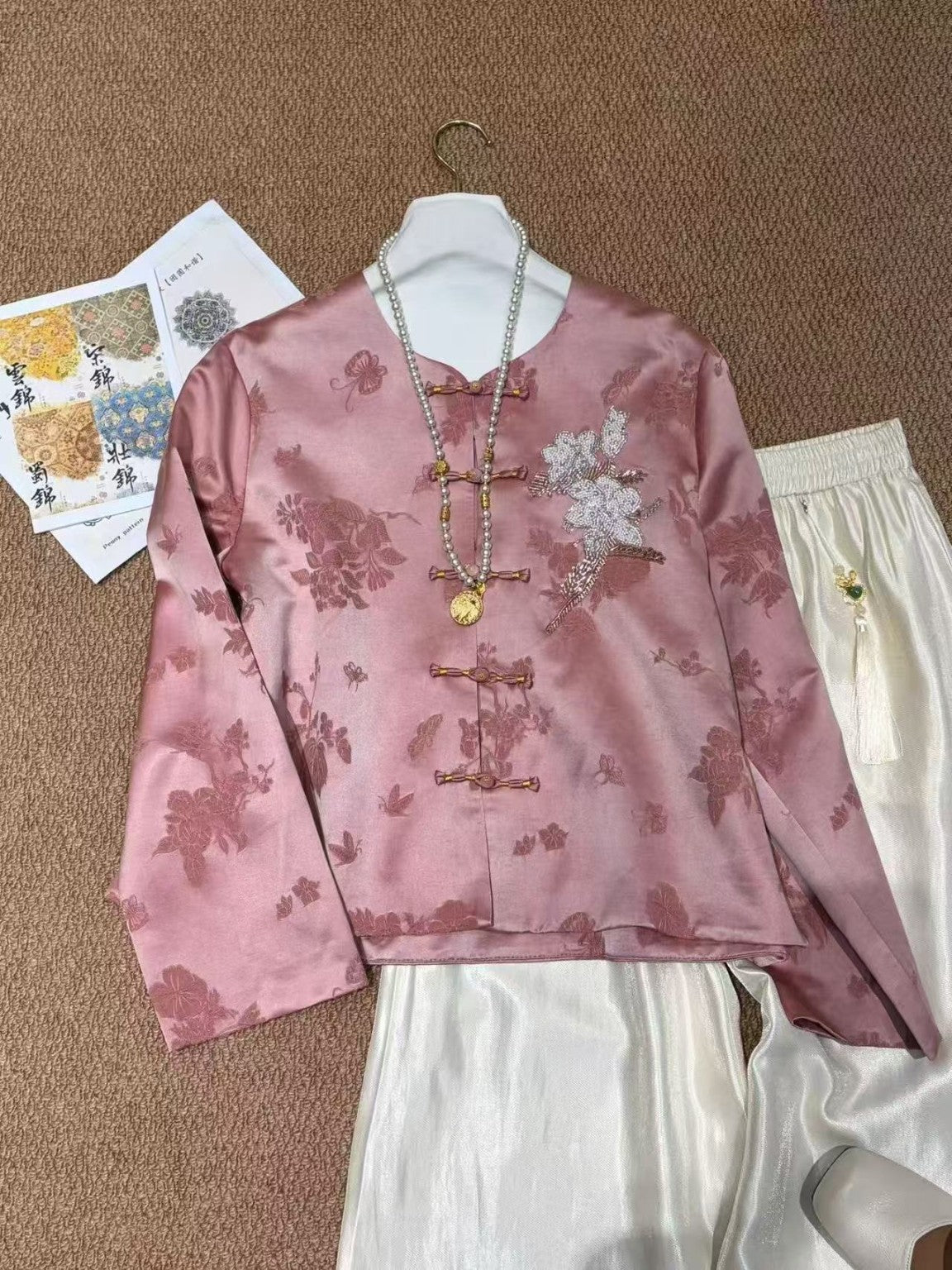 Rose pink Chinese-style jacquard jacket - actual product