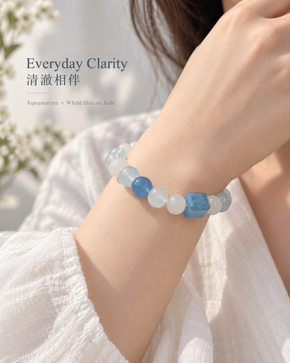 Aquamarine Cube White Hetian Jade Bracelet worn | 海藍寶方糖白玉和田玉手鏈上手效果