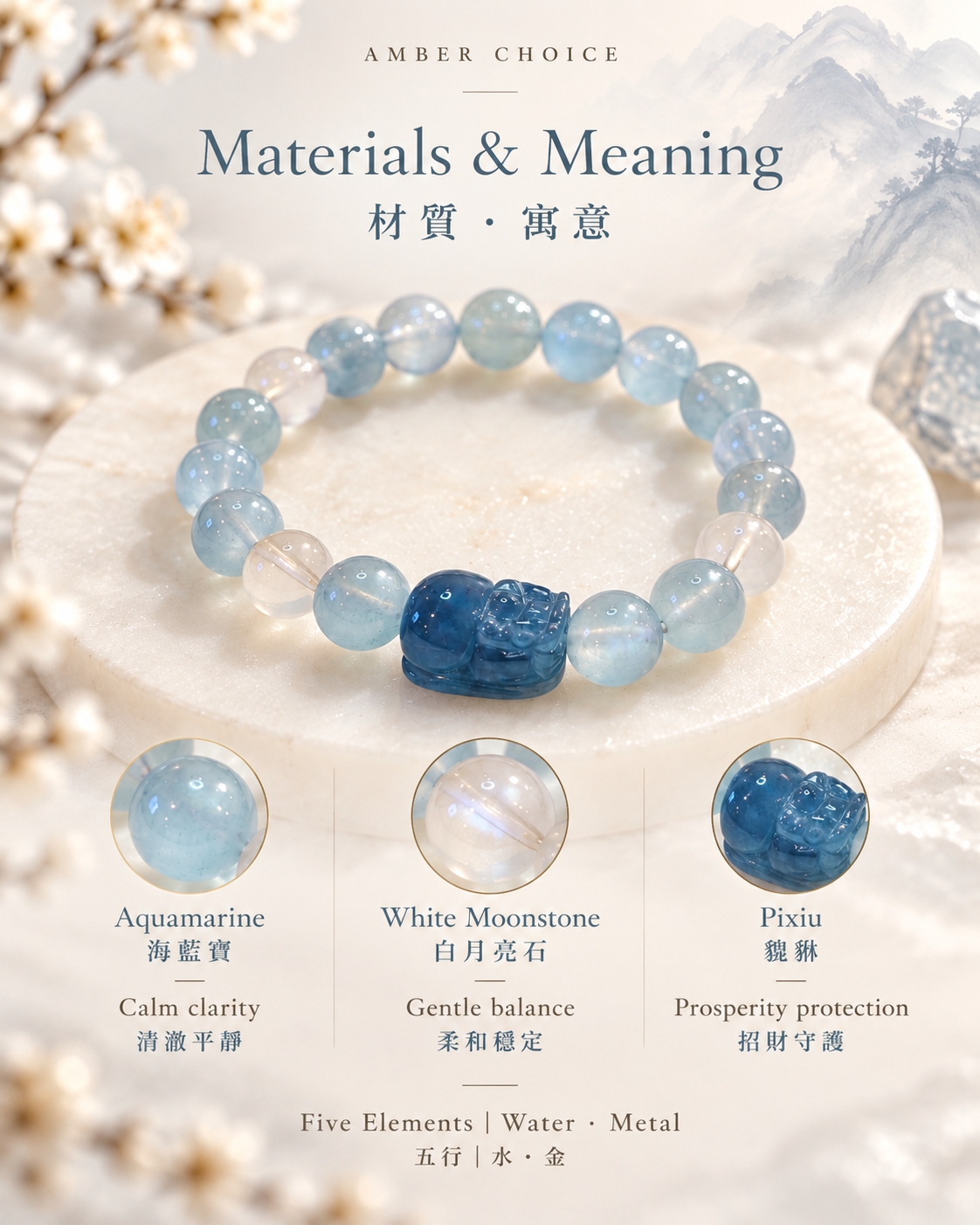 Aquamarine Pixiu White Moonstone Bracelet materials and meaning | 海藍寶貔貅白月亮石手鏈材質寓意