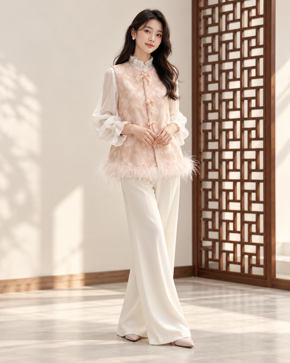 Blush Jacquard Feather-Trim Vest on model