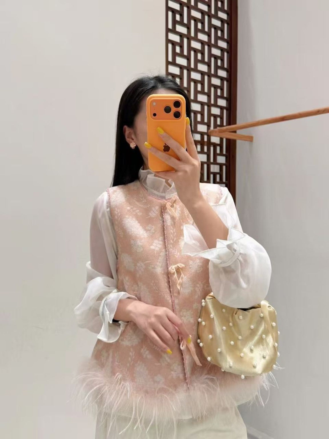 Blush Jacquard Feather-Trim Vest original styling