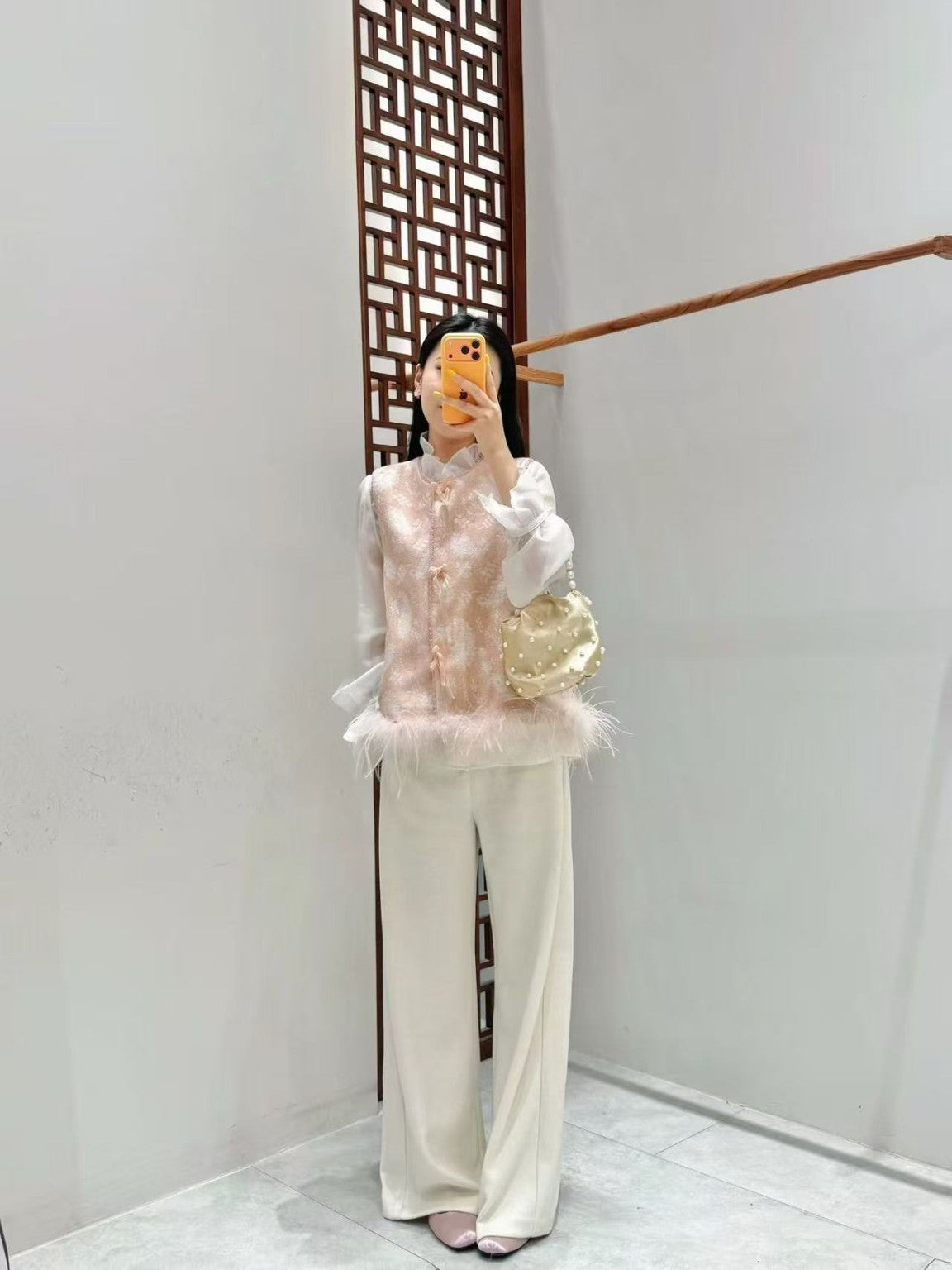 Blush Jacquard Feather-Trim Vest full outfit