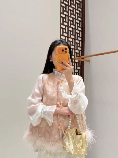 Blush Jacquard Feather-Trim Vest front styling