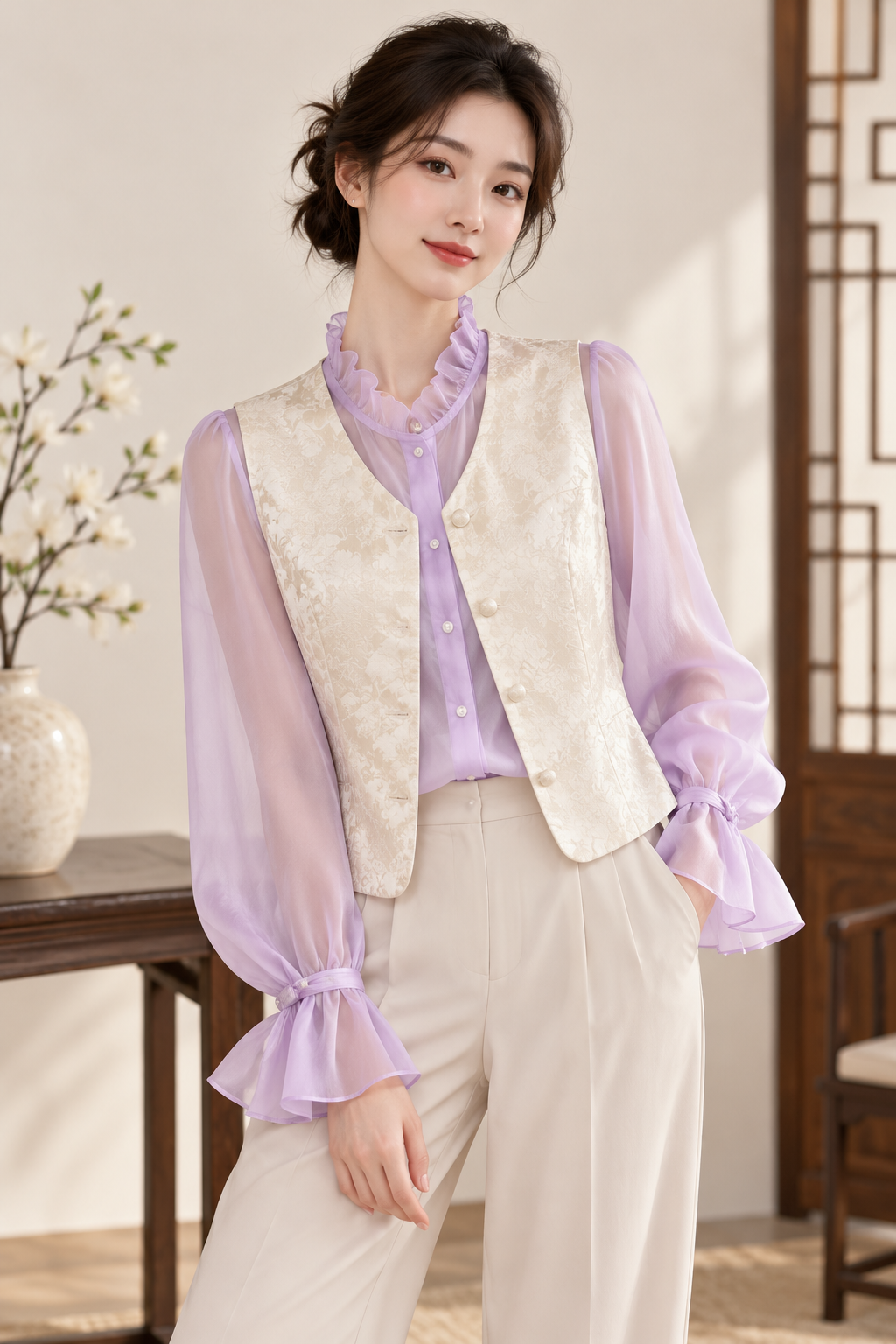 模特兒示範紫色蝶舞荷葉領襯衫配馬甲｜Model styling lavender Butterfly Ruffle-Neck Blouse under a vest