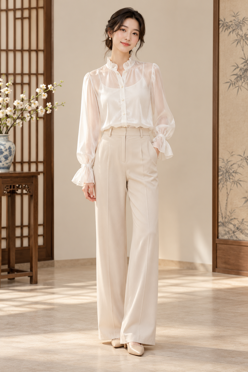模特兒示範白色蝶舞荷葉領襯衫｜Model wearing white Butterfly Ruffle-Neck Blouse