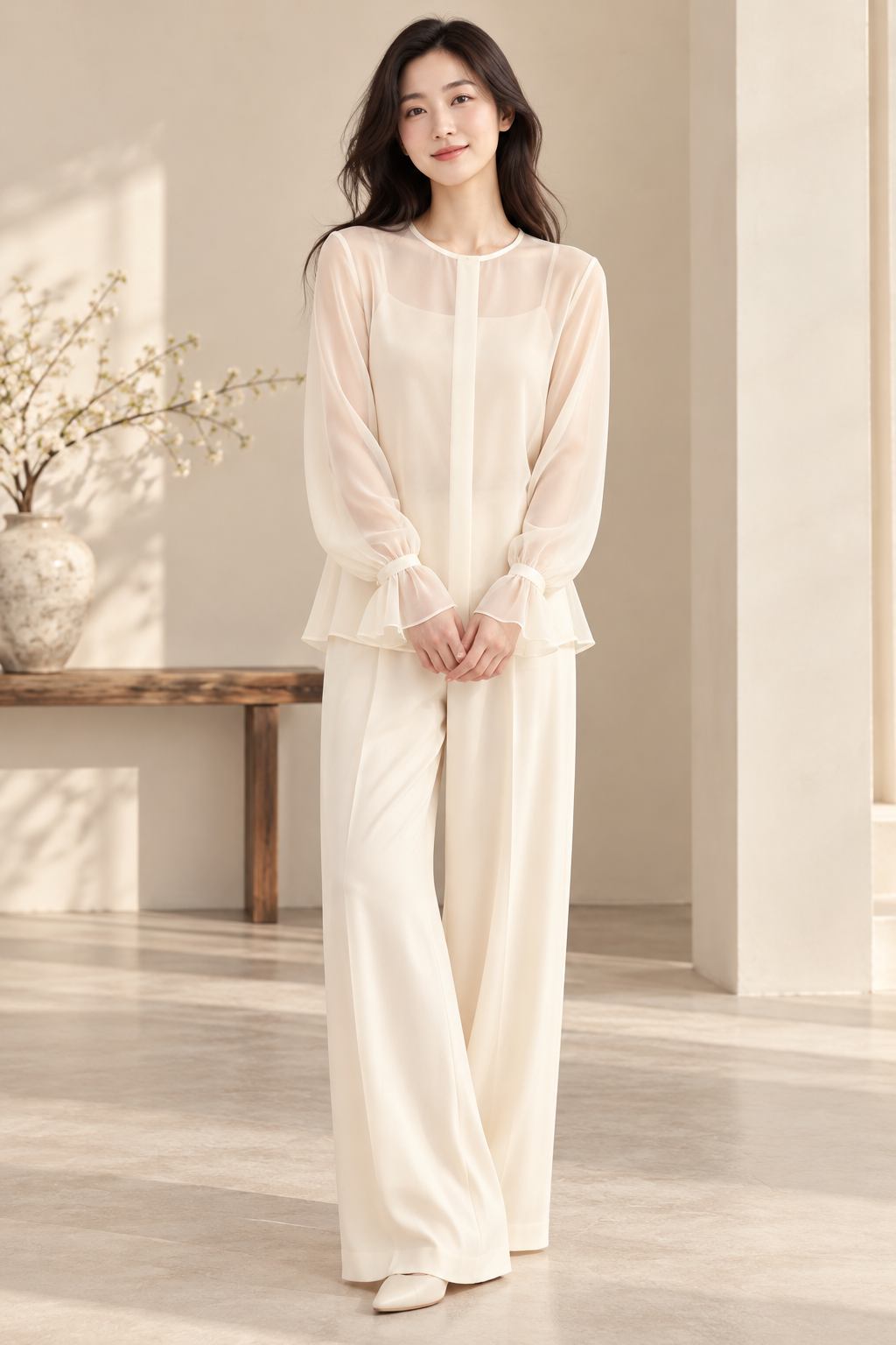 模特兒示範象牙白無領柔紗襯衫，封閉圓領｜Model wearing corrected ivory Collarless Sheer Blouse