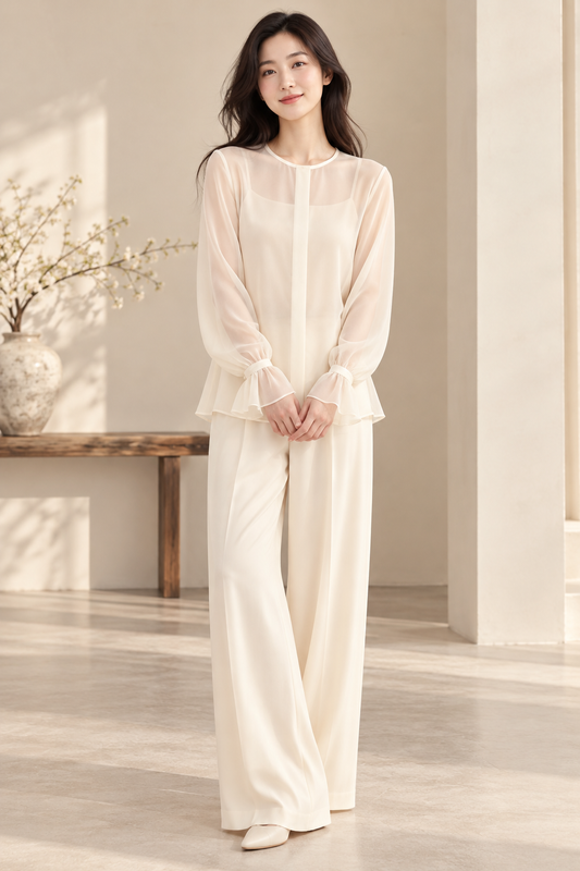 模特兒示範象牙白無領柔紗襯衫，封閉圓領｜Model wearing corrected ivory Collarless Sheer Blouse