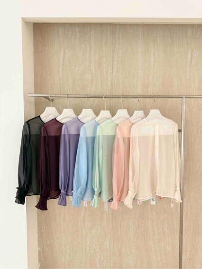 無領柔紗襯衫多色展示｜Collarless Sheer Blouse multiple colors
