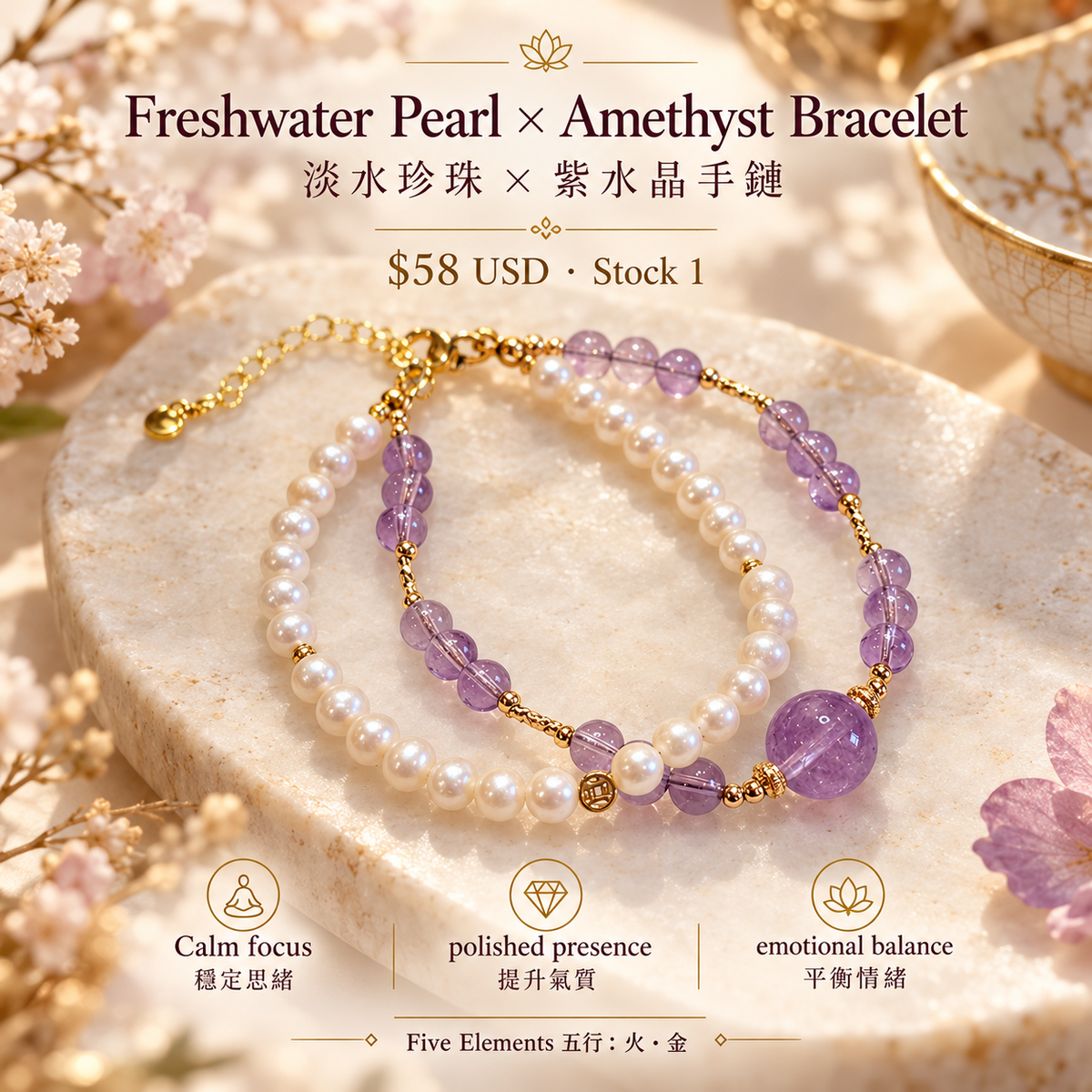 Freshwater Pearl × Amethyst Bracelet worn | 淡水珍珠 × 紫水晶手鏈上手圖