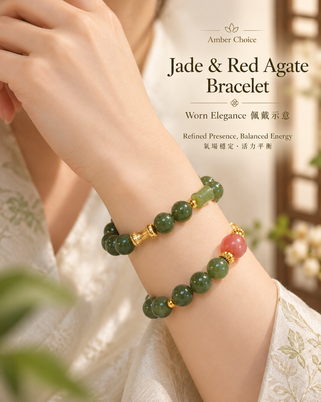 Jade & Red Agate Bracelet worn | 碧玉紅瑪瑙手鏈上手效果