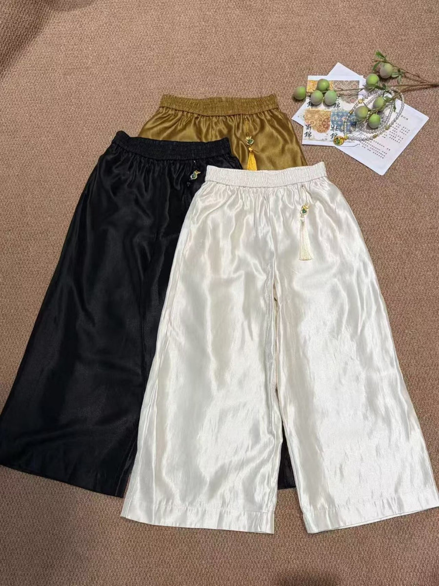 Jade Tassel Luminous Wide-Leg Pants｜玉飾流蘇光澤闊腿褲