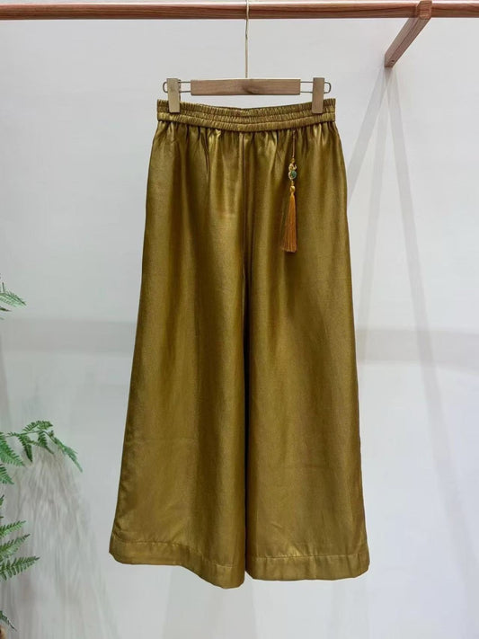 金色玉飾流蘇光澤闊腿褲原圖｜Gold jade tassel wide-leg pants