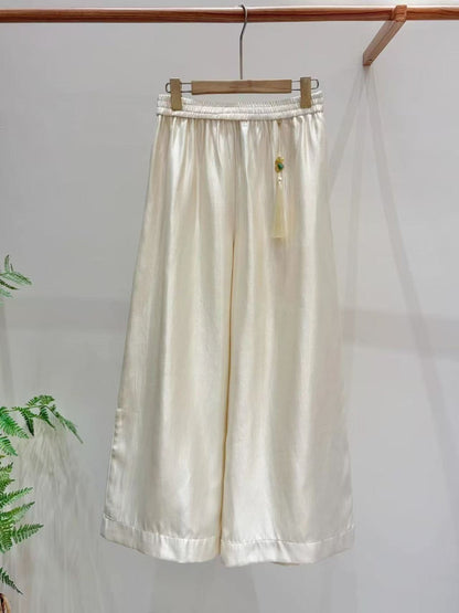 白色玉飾流蘇光澤闊腿褲原圖｜White jade tassel wide-leg pants