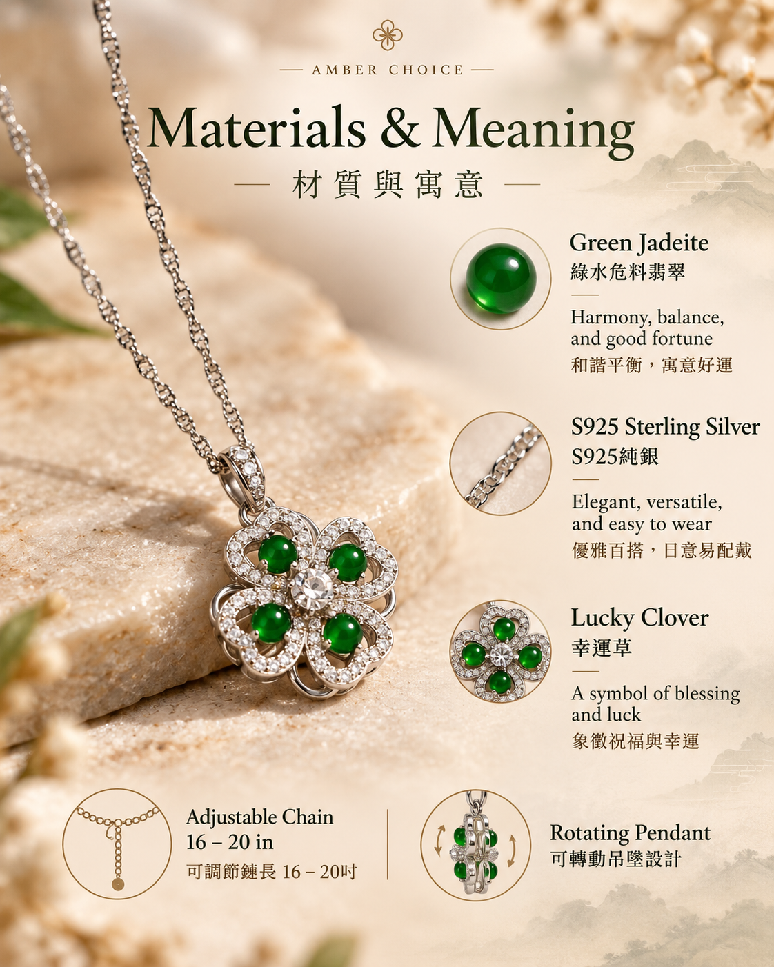 Lucky Clover Green Guatemalan Jadeite Pendant materials and meaning | 幸運草綠水危料翡翠材質寓意