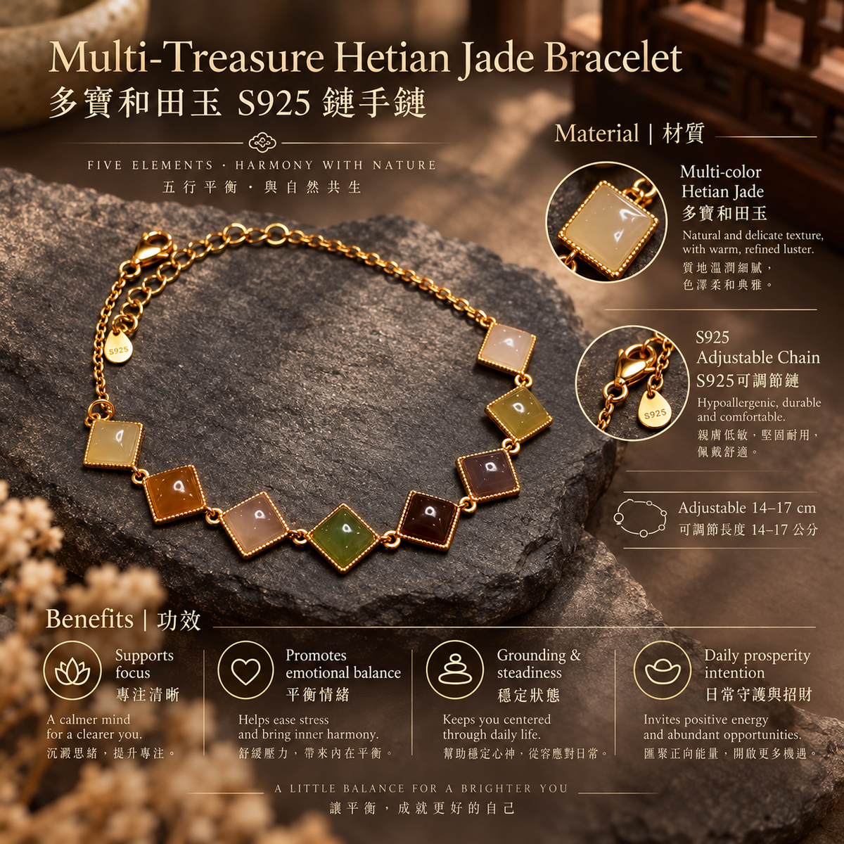 Multi-Treasure Hetian Jade S925 Bracelet materials and benefits | 多寶和田玉手鏈材質功效