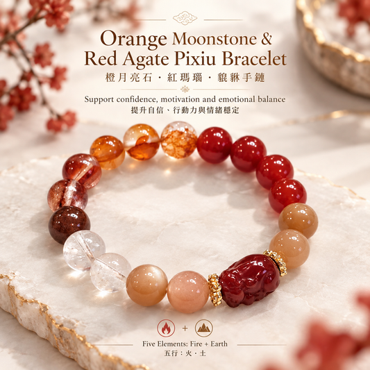 Orange Moonstone & Red Agate Pixiu Bracelet | 橙月亮石 × 紅瑪瑙貔貅手鏈