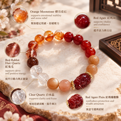 Orange Moonstone & Red Agate Pixiu Bracelet materials and meaning | 橙月亮石紅瑪瑙貔貅手鏈材質寓意