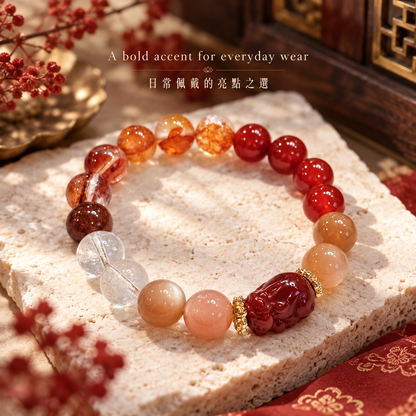 Orange Moonstone & Red Agate Pixiu Bracelet worn | 橙月亮石紅瑪瑙貔貅手鏈上手效果