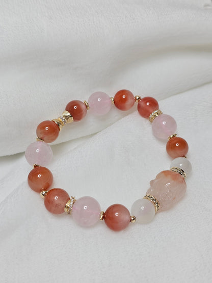 Red Agate × Rose Quartz × Moonstone Pixiu Bracelet 11.3mm 