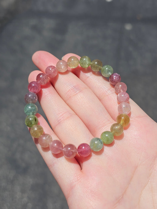 Natural Candy Rainbow Tourmaline Bracelet 8mm | Genuine Multicolor Tourmaline Crystal Bracelet | Handmade Stretch Gemstone Jewelry | Gift for Her
