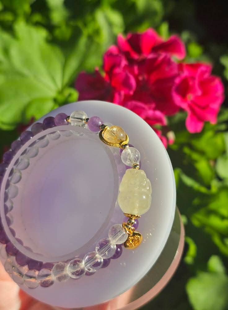 Golden Tower Quartz × Amethyst · Double-Layer Bracelet 6mm