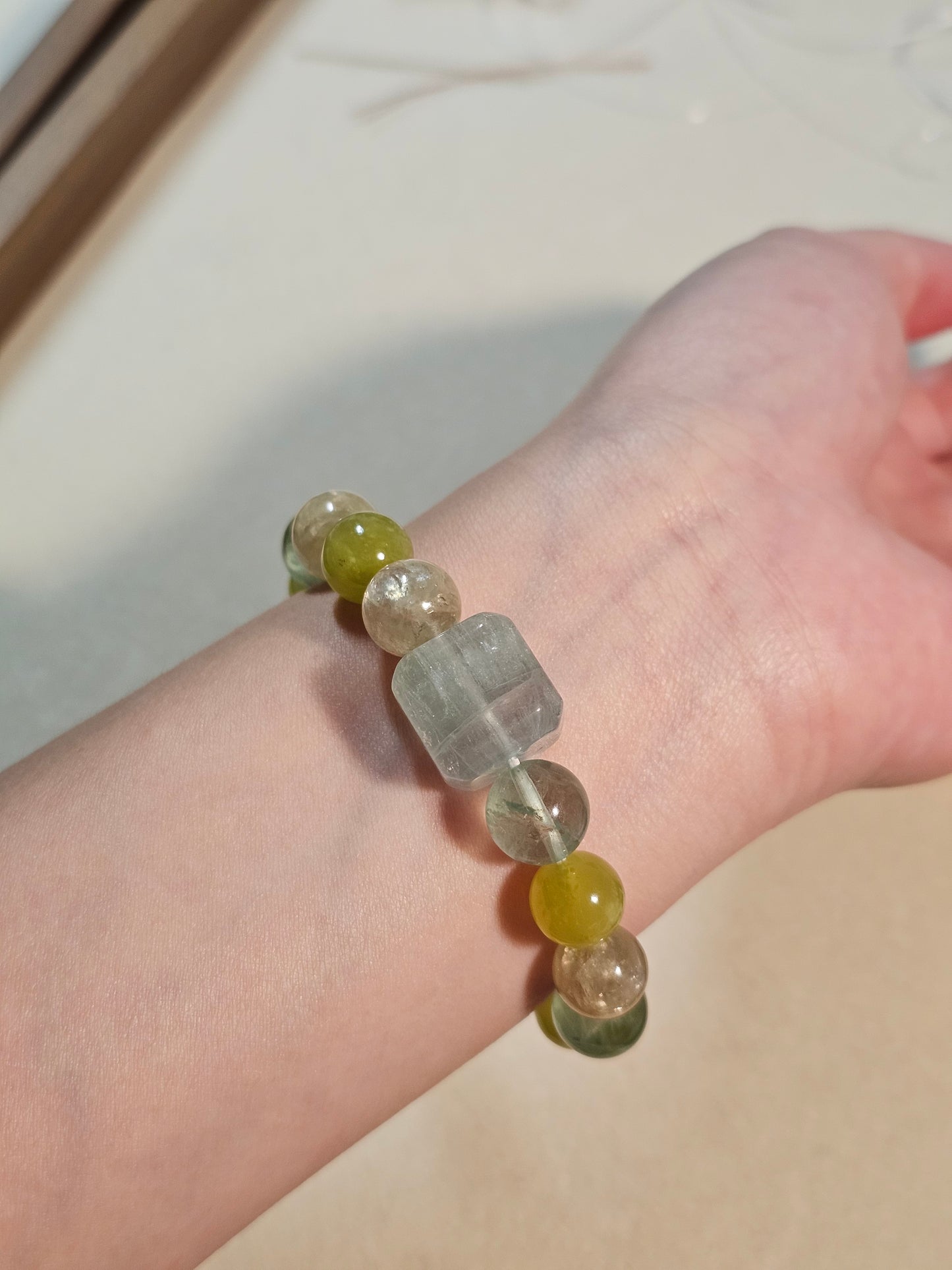 Natural Green Fluorite Cube Bracelet | Xiuyu Jade & Yellow Mica | 10mm Gemstone Bracelet | Handmade Crystal Jewelry | Gift for Her