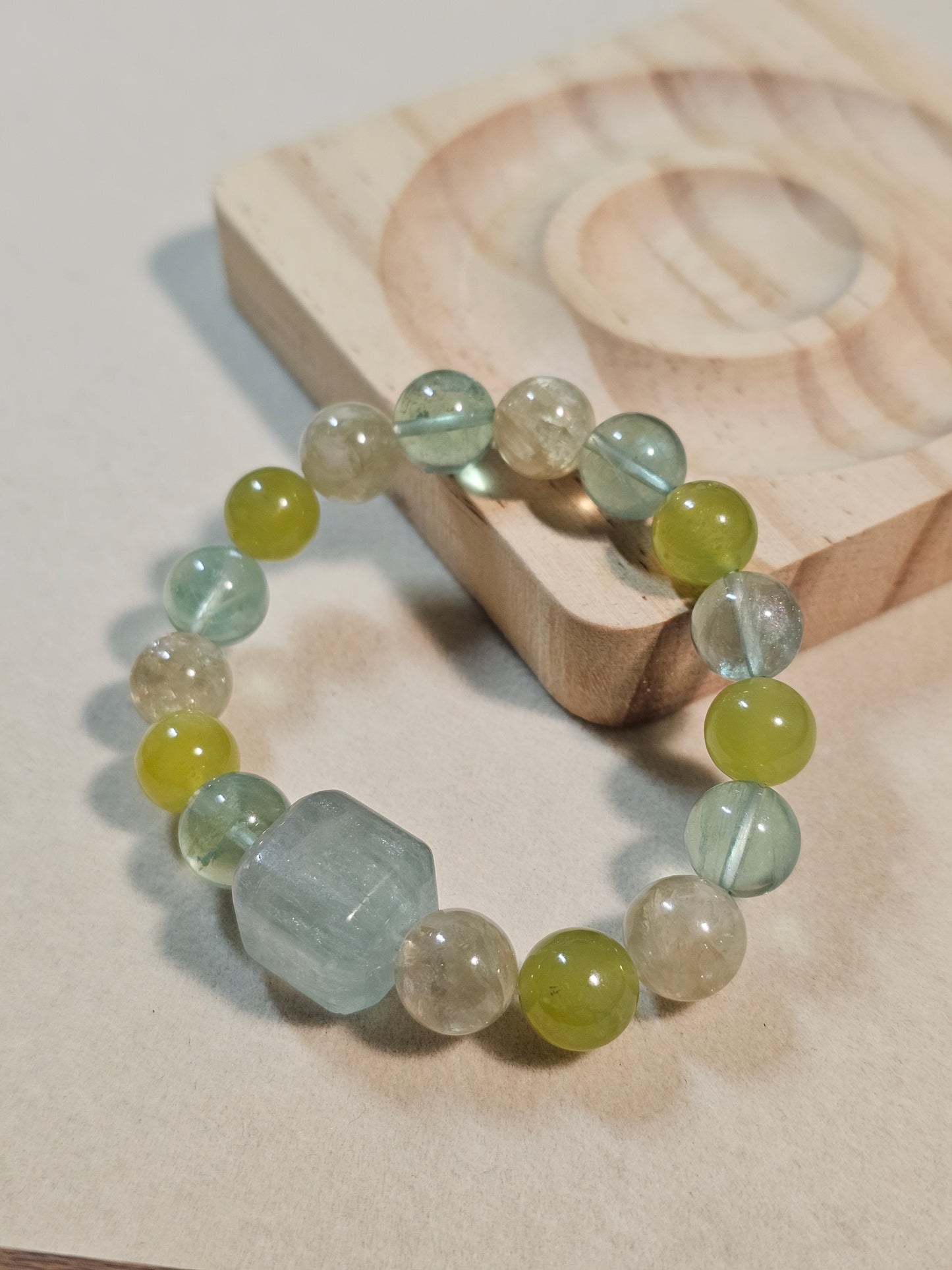 Natural Green Fluorite Cube Bracelet | Xiuyu Jade & Yellow Mica | 10mm Gemstone Bracelet | Handmade Crystal Jewelry | Gift for Her