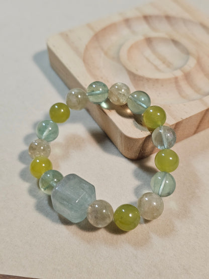 Natural Green Fluorite Cube Bracelet | Xiuyu Jade & Yellow Mica | 10mm Gemstone Bracelet | Handmade Crystal Jewelry | Gift for Her
