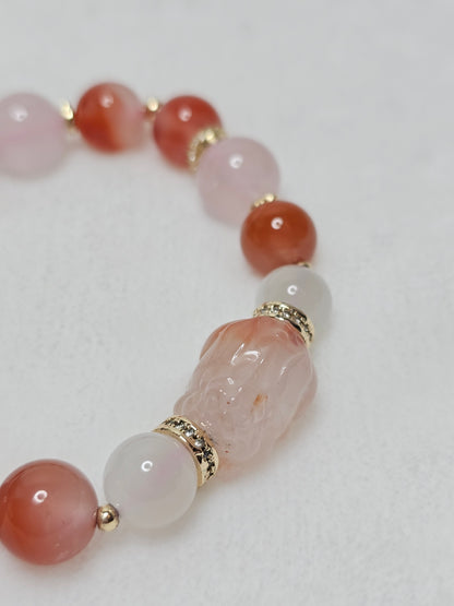Red Agate × Rose Quartz × Moonstone Pixiu Bracelet 11.3mm 